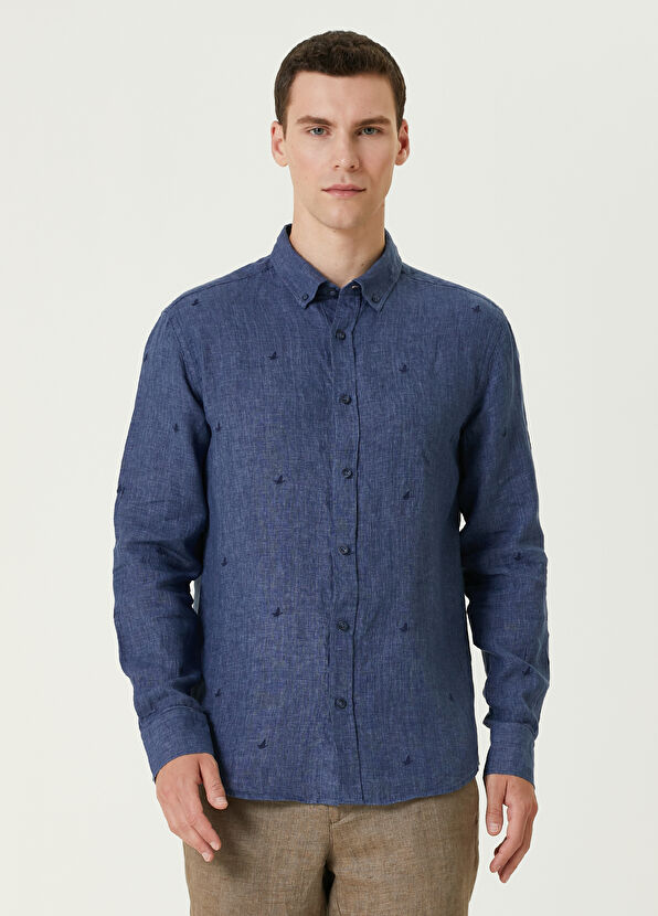 Beymen Club Comfort Fit Lacivert Mini Kaz Nakışlı Keten Gömlek - 1