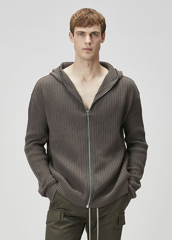 Rick Owens Anthracite Hood Wool Knit Cardigan - 1