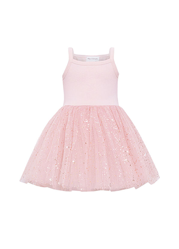Mini Celebrities Pudra Pembe Varak Baskılı Tütü Kız Çocuk Elbise - 1
