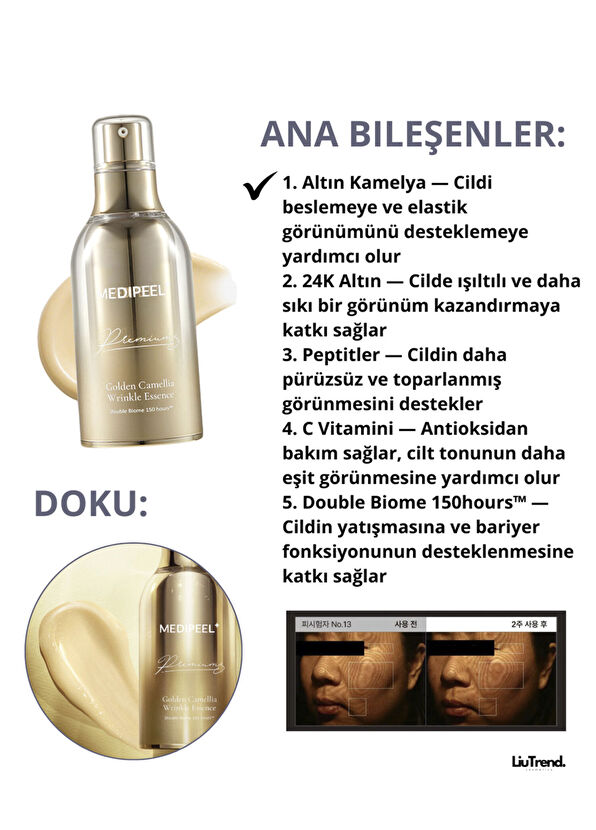 MEDIPEEL Premium Golden Camellia Wrinkle Essence Kamelya Özlü Premium Lifting Esansı Yatıştırıcı Cilt Serumu 50 ml  - 2