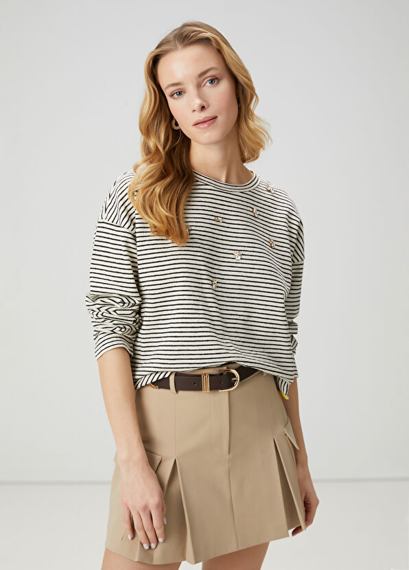 Beymen Club Ecru Navy Blue Striped Sweatshirt - 1