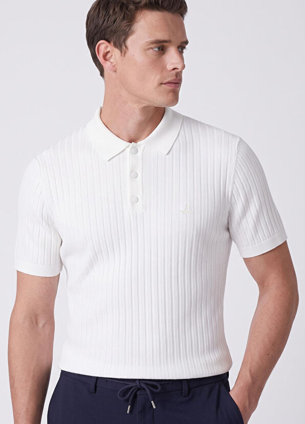Beymen Club Off-White Vertical Textured Short Sleeve Sweater - 3