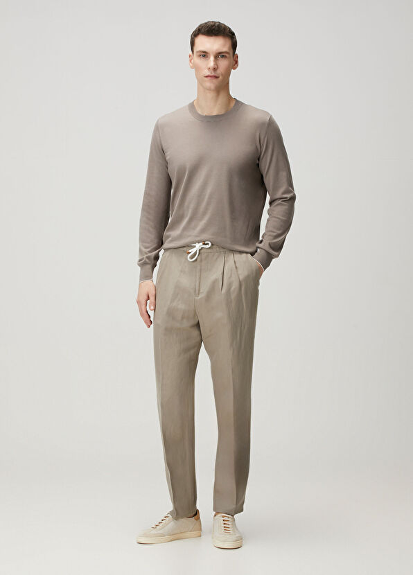 Brunello Cucinelli Haki Beli Kordonlu Çift Pilili Keten Pantolon - 1