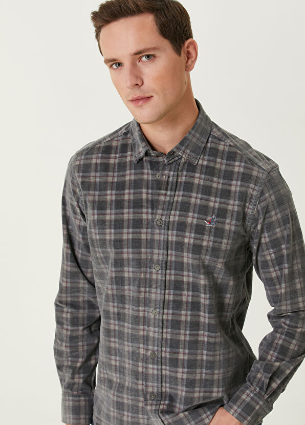 Beymen Club Bordo Gri Ekose Desenli Kadife Gömlek - 2