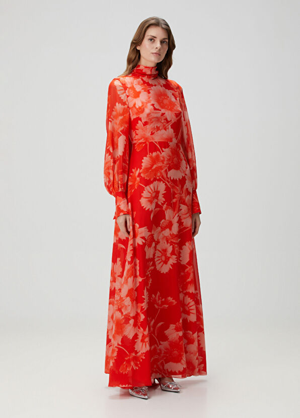 Erdem Turuncu Çiçekli Maksi İpek Elbise - 1