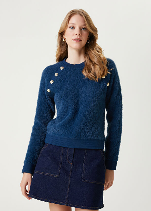 Teal Blue Gold Buttoned Sweater Beymen Club Teal Blue Gold Buttoned Sweater - 4