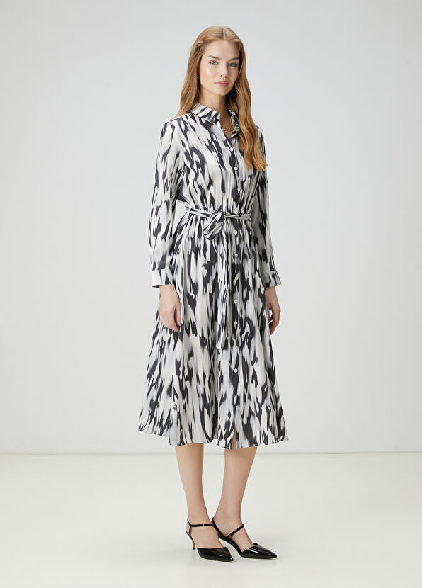 Beymen Club Siyah Beyaz İkat Desenli Midi İpek Elbise - 3