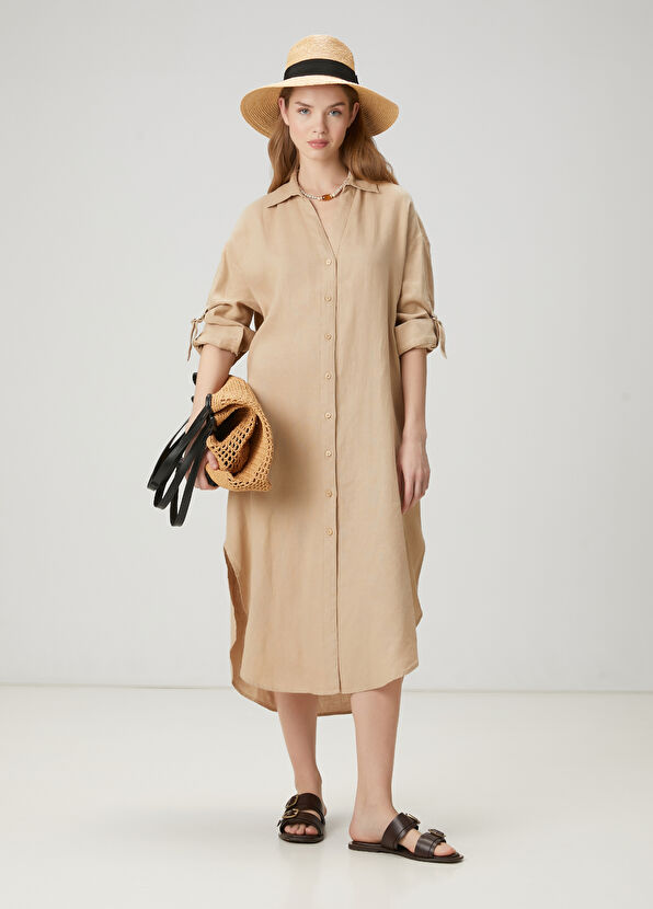 Beymen Club Beige Midi Linen Shirt Dress - 1