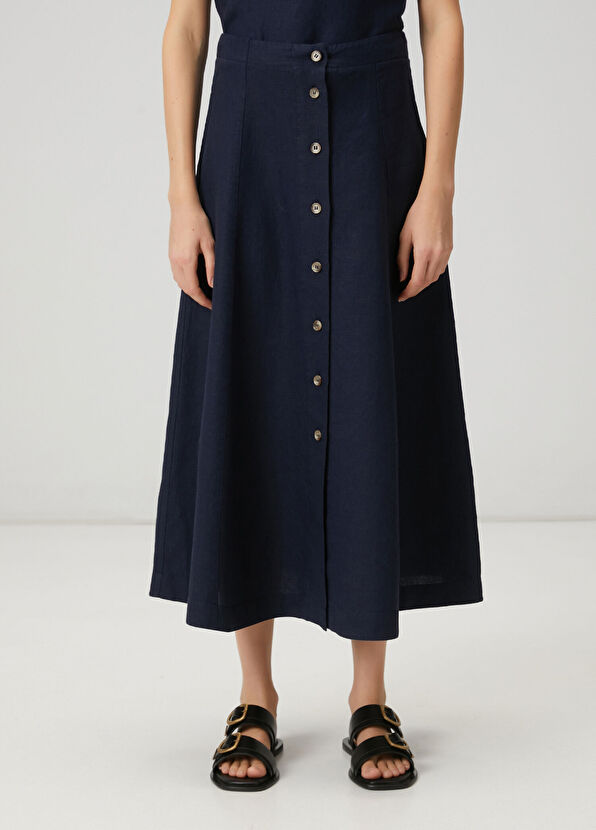 Beymen Club Midi Linen Skirt With Navy Blue Buttons - 2