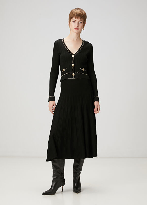 Beymen Club Siyah Çizgi Dokulu Midi Etek - 2