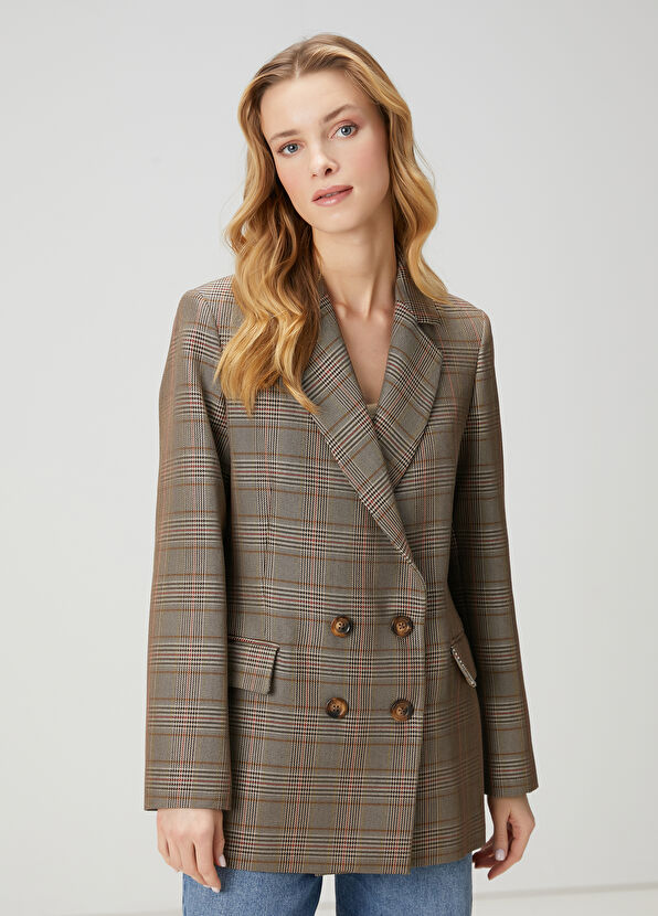 Beymen Club Kamel Ekose Desenli Yün Kruvaze Blazer - 4