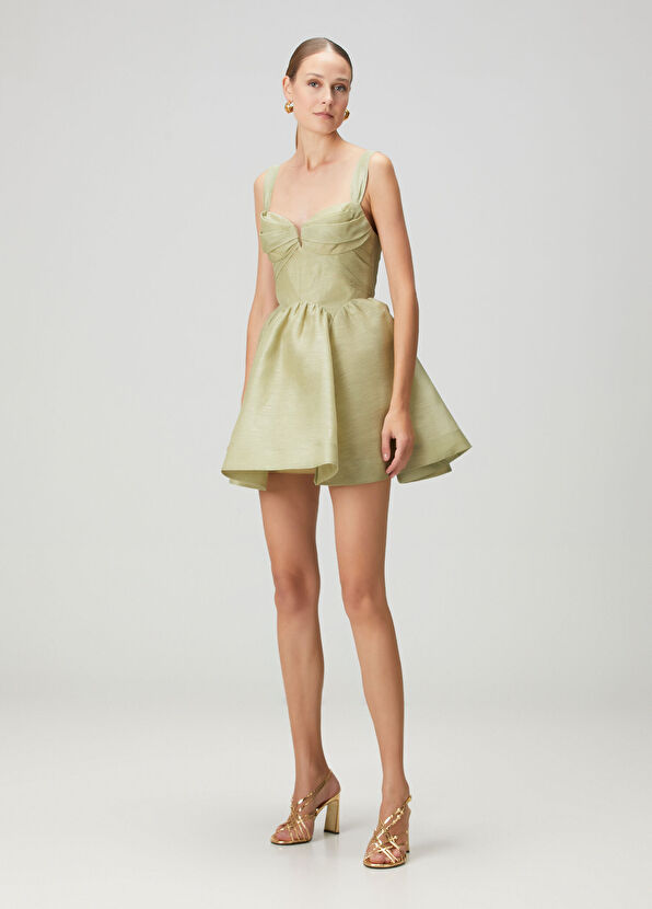 Rebellion Yeşil Drapeli Mini Keten Kokteyl Elbise - Görsel 3