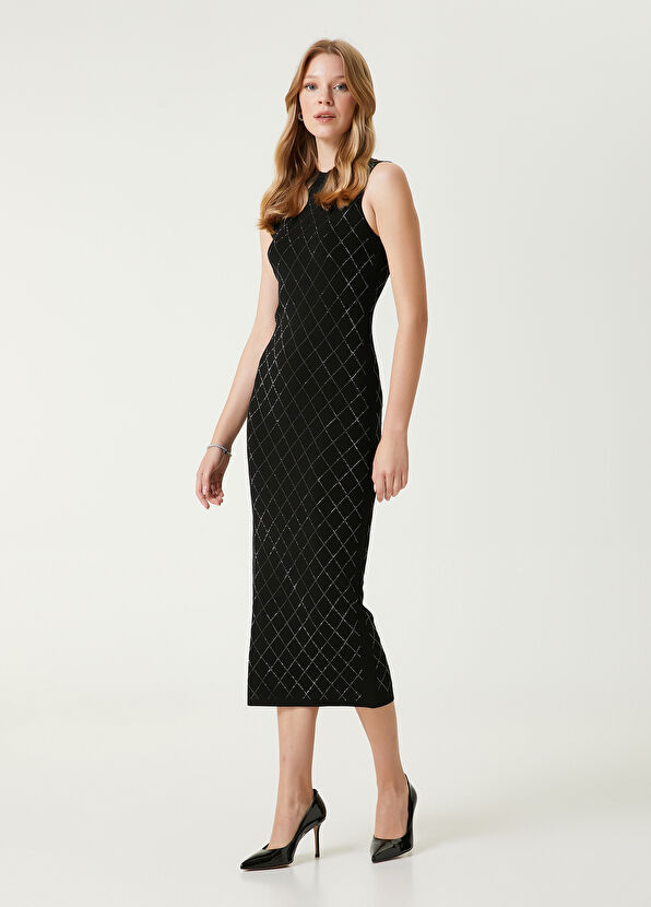 Beymen Club Black Rhinestoned Midi Knit Dress - 3