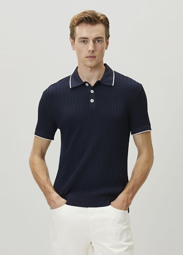 Beymen Club Lacivert Polo Yaka Waffle Örgülü Kısa Kollu Triko - 1