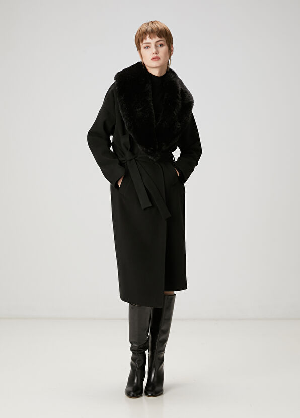 Beymen Club Black Fur Collar Double-Breasted Coat - 1