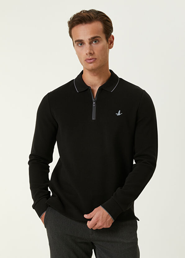 Beymen Club Slim Fit Siyah Polo Yaka Ottoman Dokulu Sweatshirt - 1