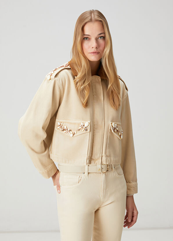 Beymen Club Bej İşlemeli Denim Ceket - 1