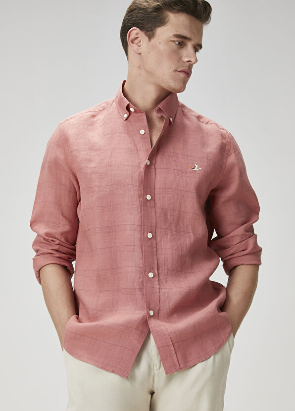 Beymen Club Comfort Fit Koyu Pembe Ekose Desenli Keten Gömlek - 1
