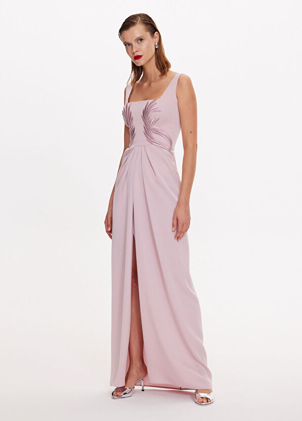 ZEYNEP ERDOGAN Pembe Kare Yaka Nakış Detaylı Kadın Abiye Elbise - 3