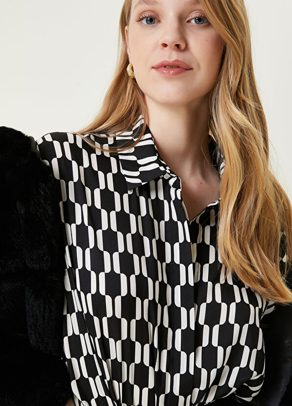 Beymen Club Siyah Beyaz Desenli Twill İpek Gömlek - 4