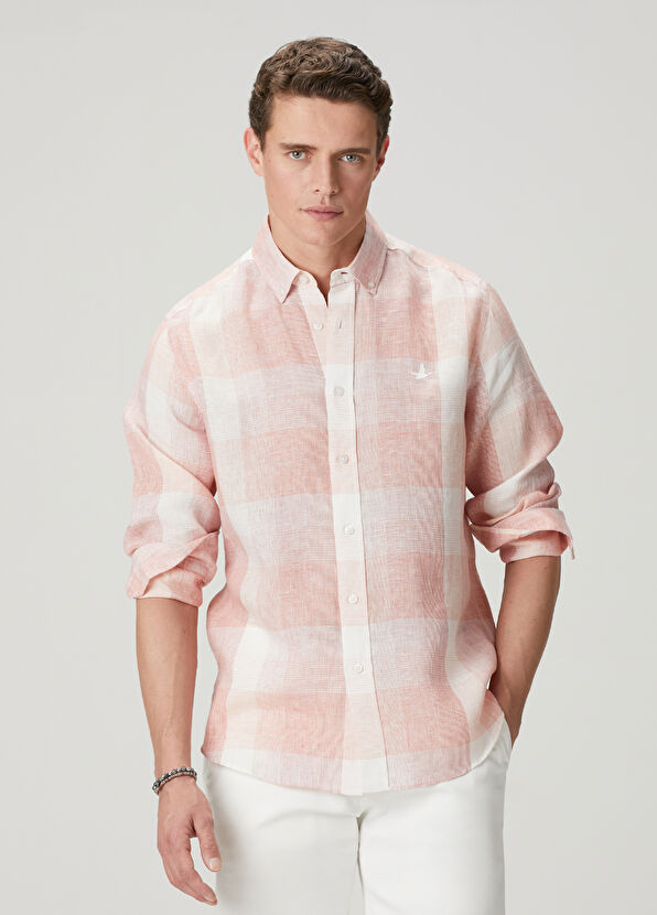 Beymen Club Comfort Fit Burgundy Plaid Patterned Linen Shirt - 2