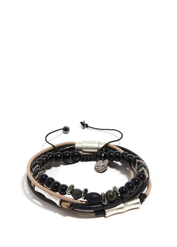 Beymen Club Siyah Deri ve Boncuk Detaylı Erkek Bileklik - 1
