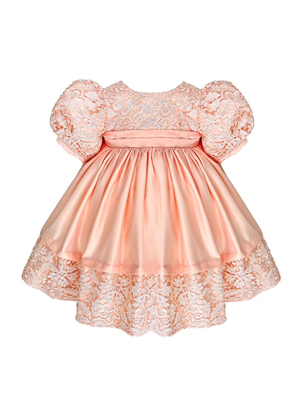 Lullmom Salmon Short Sleeve Girl's Taffeta Dress - 1