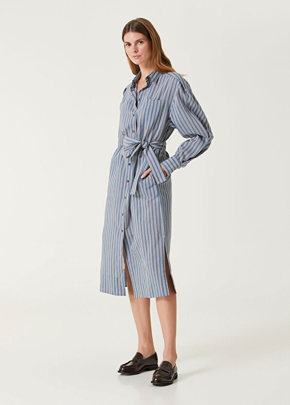 Brunello Cucinelli Mavi Çizgili Midi Gömlek Elbise - 1