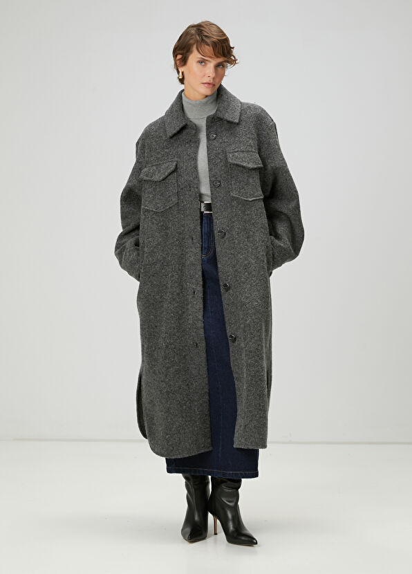 Beymen Club Gri Yıldız Nakışlı Uzun Yün Dış Gömlek - 3