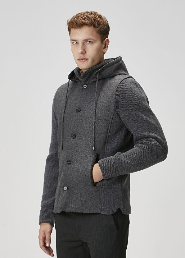 Beymen Club Anthracite Hooded Wool Knit Coat - 4