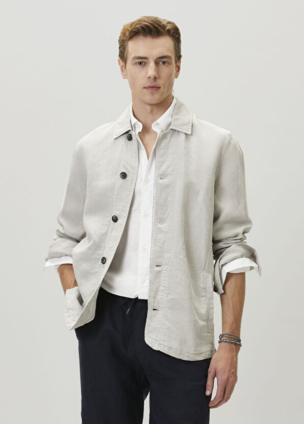 Beymen Club Gri Parça Boya Düğmeli Keten Dış Gömlek - 2