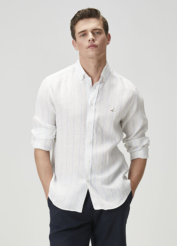 Beymen Club Comfort Fit Mavi Silik Çizgi Desenli Keten Gömlek - 2