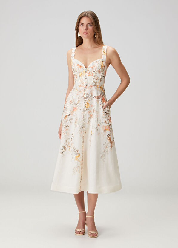 Beyaz Çiçekli Midi Keten Elbise - Görsel 3