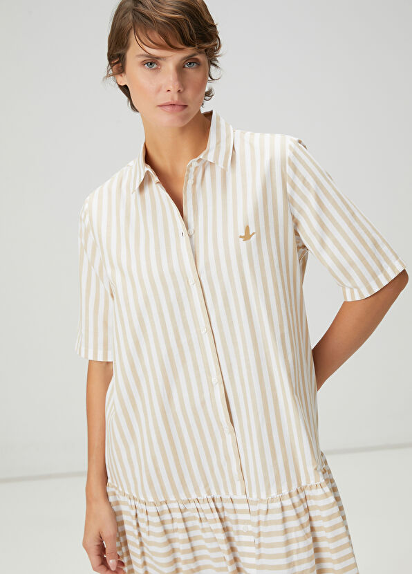 Beymen Club Beige White Striped Midi Shirt Dress - 2