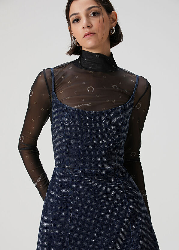 Lacivert Taşlı Mini Denim Elbise - Görsel 3
