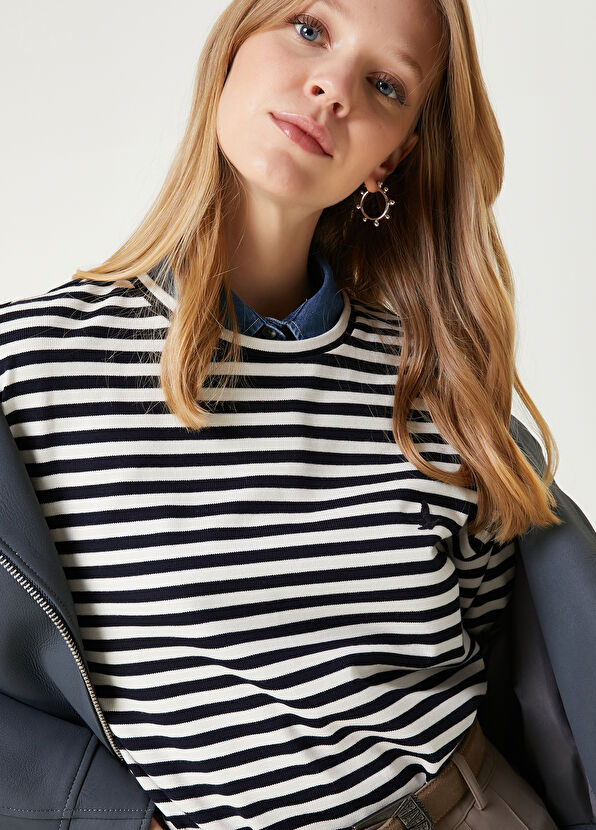 Navy Blue White Striped Sweatshirt Beymen Club Navy Blue White Striped Sweatshirt - 2