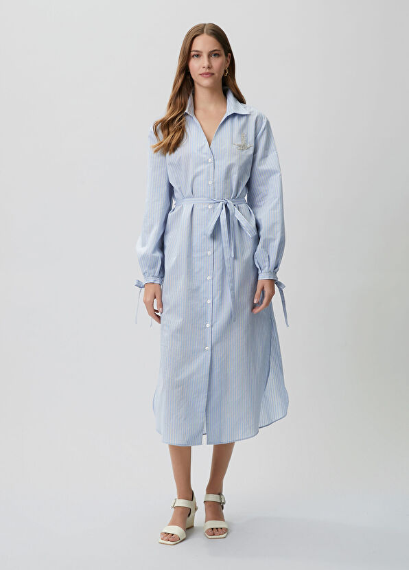 Beymen Club Blue Crystal Logo Striped Long Shirt Dress - 3
