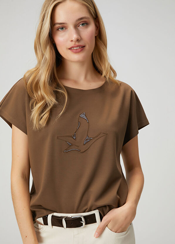 Beymen Club Seamless Dark Khaki Embroidered T-Shirt - 2