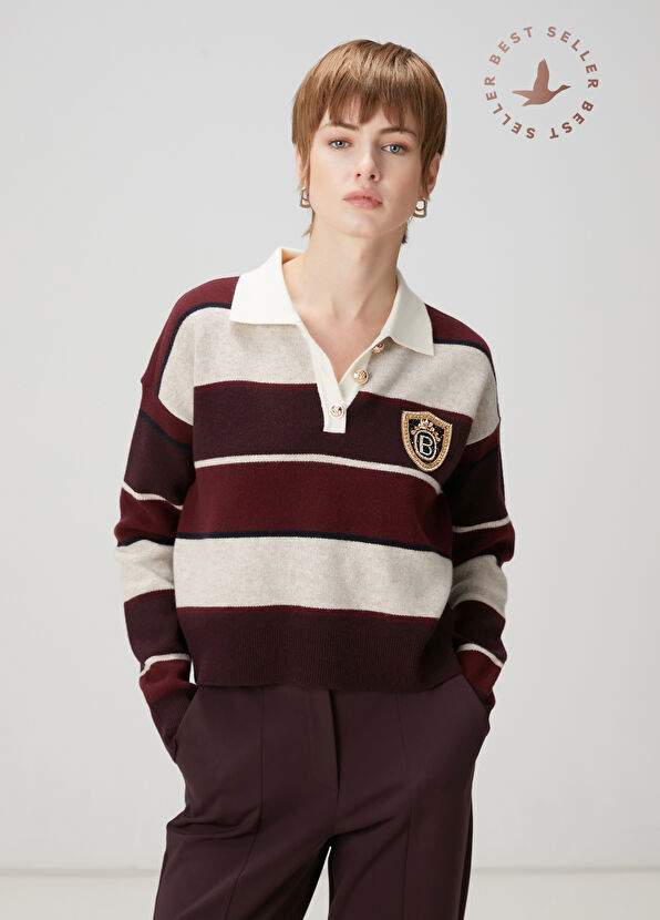 Beymen Club Bordo Çizgili Yün Polo Kazak - 1