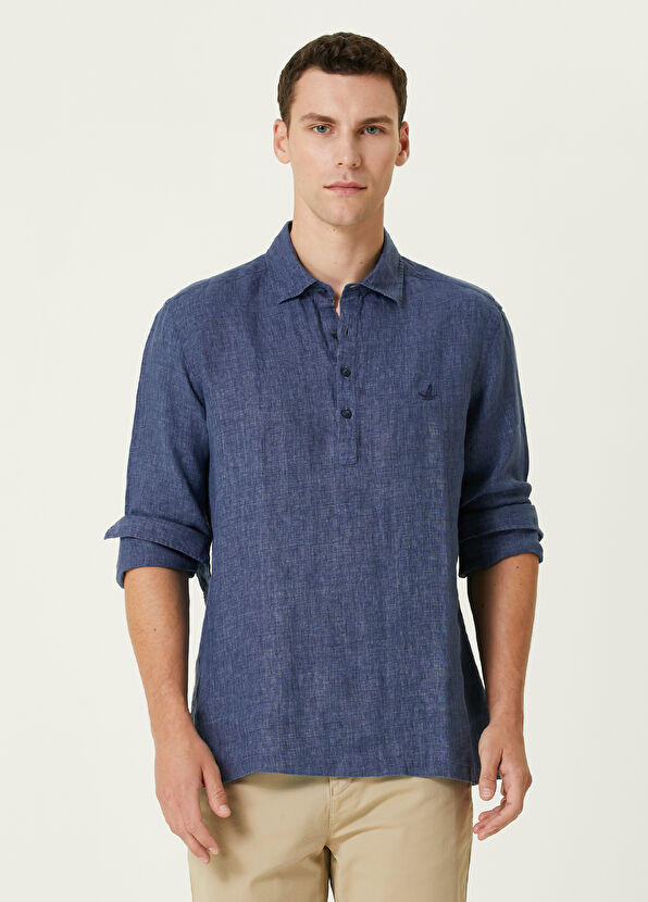 Beymen Club Comfort Fit Navy Blue Linen Shirt - 1