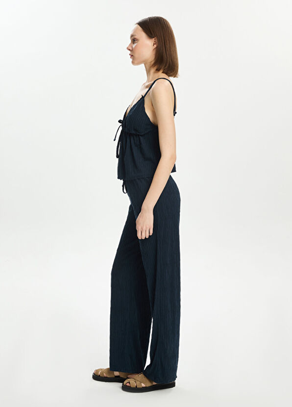 Bassigue Navy Blue Women's Blouse with Front Tie Straers - 3