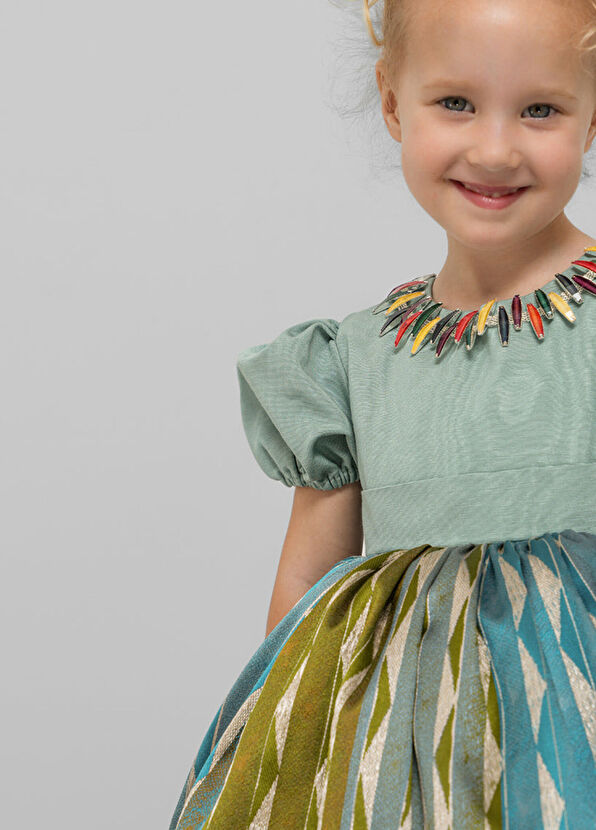 Lullmom Yeşil Pamuklu Kemerli Kız Çocuk Elbise - 3