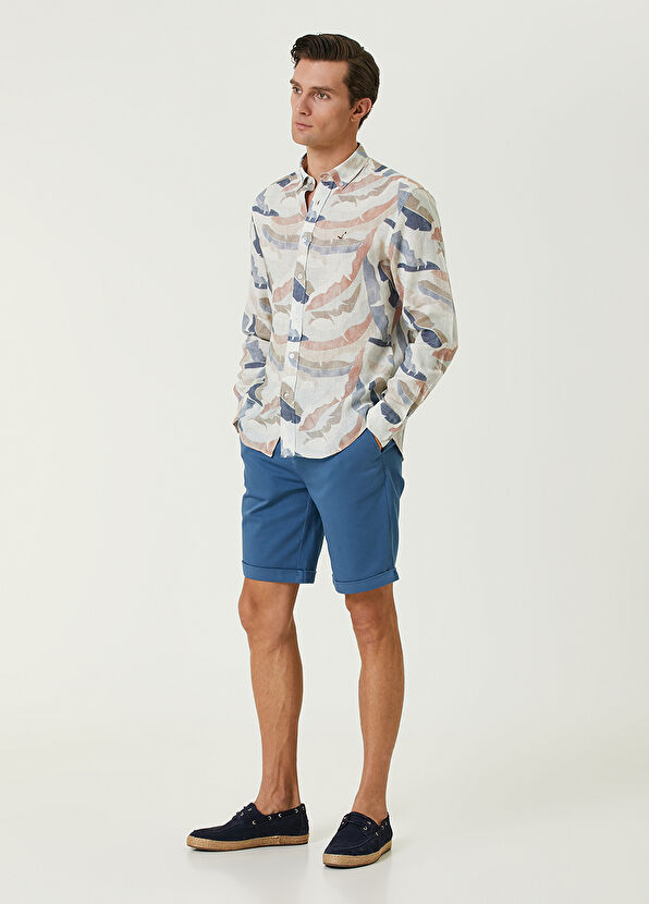 Beymen Club Comfort Fit Ecru Leaf Patterned Linen Shirt - 3