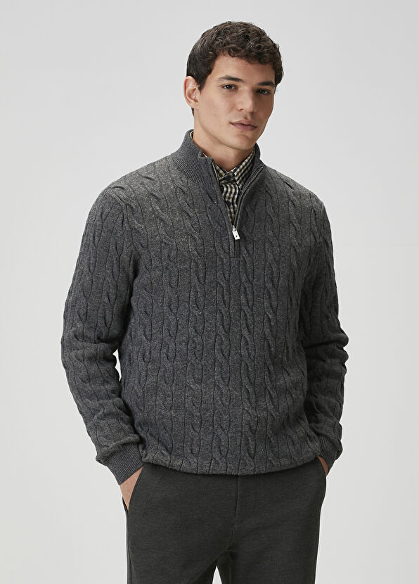 Beymen Club Antrasit Yakası Fermuarlı Kazak - 1