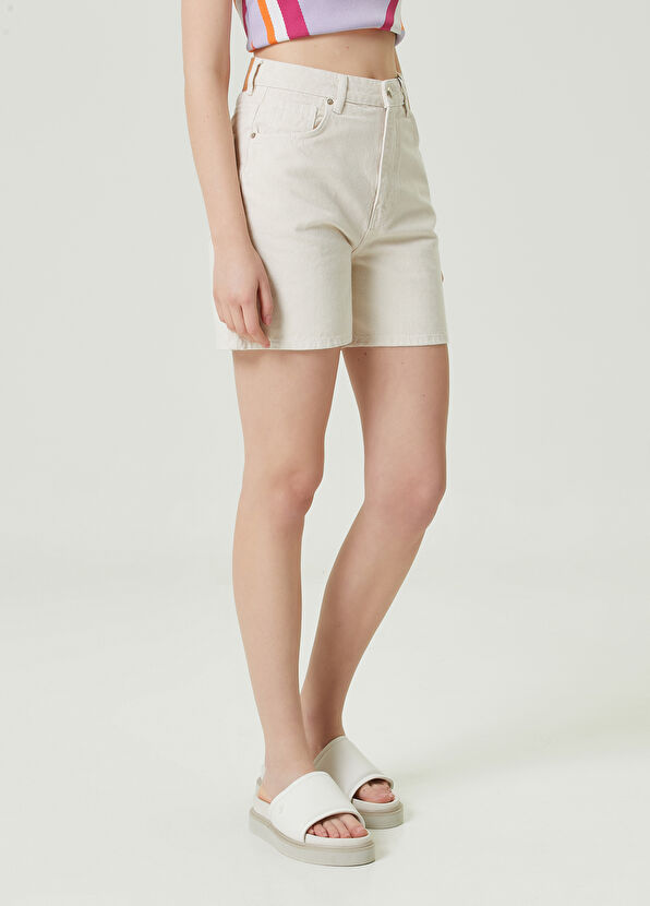 Beymen Club Ekru Yüksek Bel Jean Şort - 4