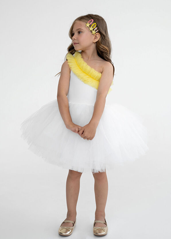 Mini Celebrities Beyaz Sarı Fırfırlı Tek Omuzlu Kız Çocuk Tütü Elbise - 4