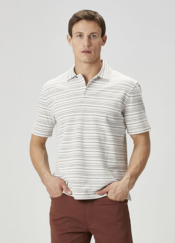 Zegna Açık Mavi Polo Yaka Çizgi Desenli T-shirt - 1