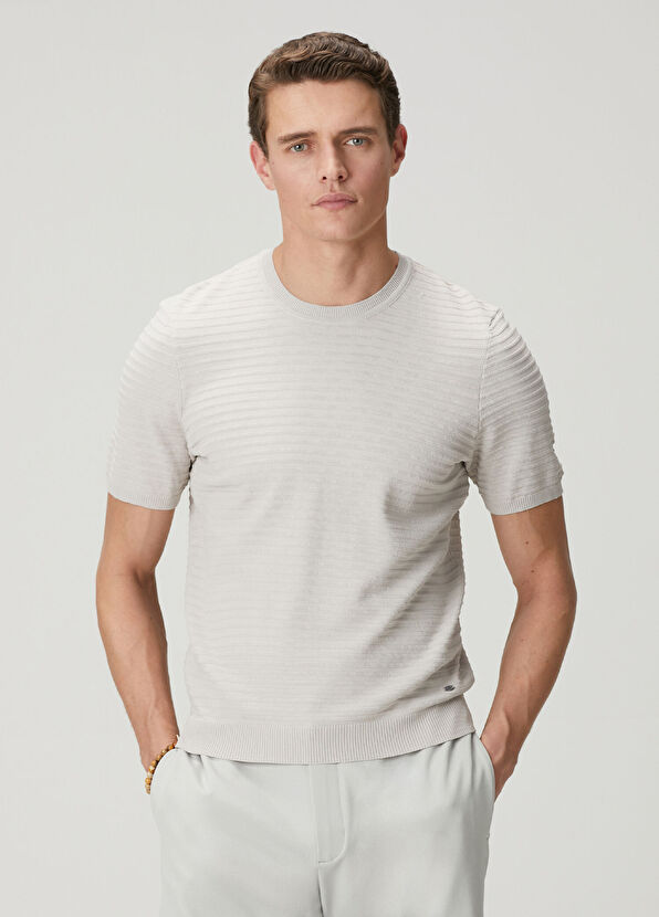 Beymen Club Grey Horizontal Knit Textured Short Sleeve Sweater - 1