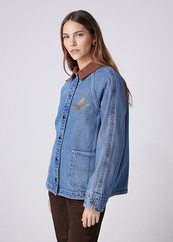 Beymen Club Blue Corduroy Collar Denim Shirt - 4