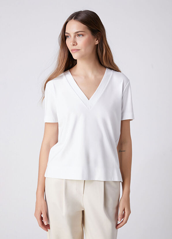 Beymen Club Kırık Beyaz Yanı Yırtmaçlı Basic T-shirt - 3